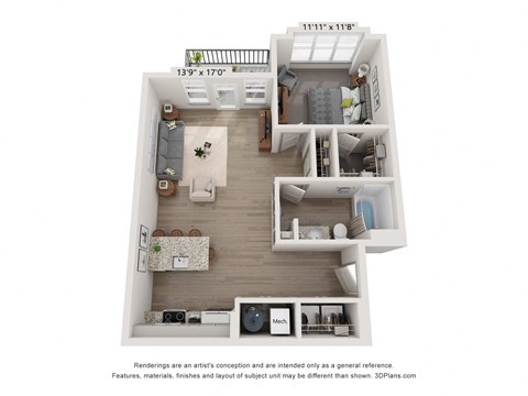 Floor plan for 1 bed, 1 bath, 778 sqft